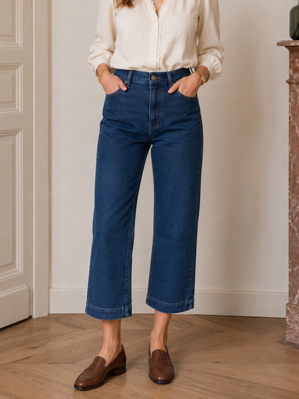 Sézane jeans Cropped Wide Leg High Rise blue navy Indigo Denim Size 36 US 4